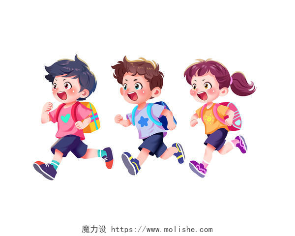 彩色卡通手绘小孩放学上学奔跑比赛原创插画元素